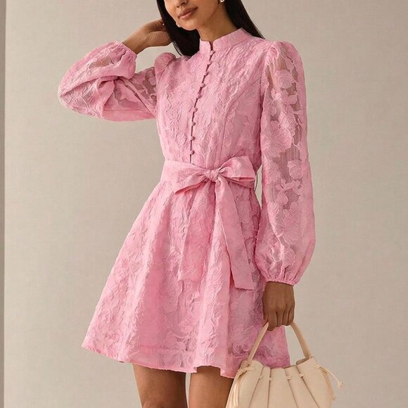 Dresses & Skirts - Pink Elegant Women's A-Line Short Dress with Cinched Waist, Puff Sleeves